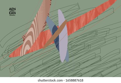 Plantilla de cubierta vectorial con formas variadas o tornillos dibujados a mano con textura. Diseño de líneas y formas onduladas a rayas. Fondo abstracto de hipster en estilo plano. Diseño de arte moderno. 