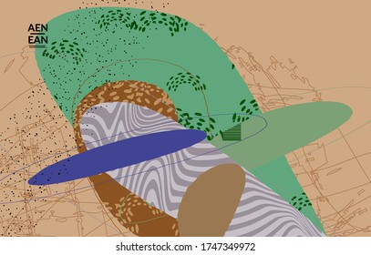 Plantilla de cubierta vectorial con formas variadas o tornillos dibujados a mano con textura. Diseño de líneas y formas onduladas a rayas. Resumen de fondo hipster de estilo plano. Patrón de arte moderno. 