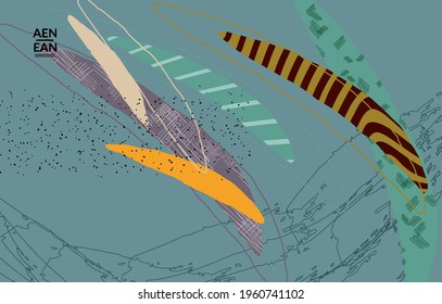 Vector cover template with motley shapes or bolts hand drawn textured. Striped wavy shapes and lines design. Abstract hipster background in flat style. Modern artwork pattern. 