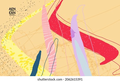 Vector cover template with motley shapes or bolts hand drawn textured. Striped wavy shapes and lines design. Abstract hipster background in flat style. Modern artwork pattern. 