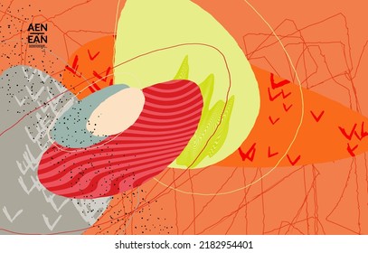 Vector cover template with motley shapes or bolts hand drawn textured. Striped wavy shapes and lines design. Abstract hipster background in flat style. Modern artwork pattern. 