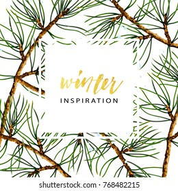 Vector cover template of pine branches, realistic botanical illustration. Seasonal winter wallpaper.