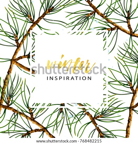 Vector cover template of pine branches, realistic botanical illustration. Seasonal winter wallpaper.