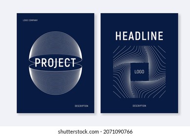 Plantillas de cubierta vectorial con diseños lineales en azul oscuro. Para folletos, catálogos, tarjetas de visita, medios sociales, marca y más.