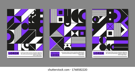 Vektor-Titelvorlagen mit trendigen geometrischen Mustern, violett, schwarz, weiß. Minimale geometrische Poster, Karten. Modernes Design für Plakate, Plakate, Broschüren.