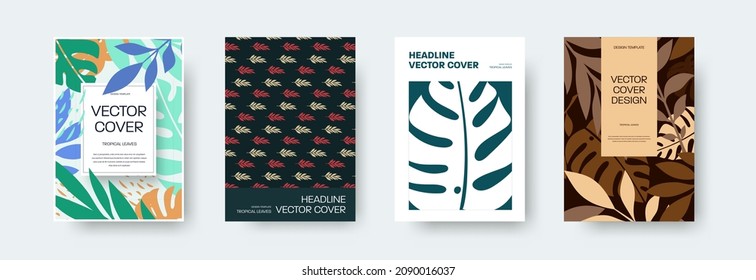 Vector cover with tropical, exotic small, large palm leaves, monstera, headline, on a creative background. Illustration template for notebook, book, wall decor. Banner with summer color elements