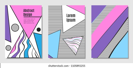 Vector Covers with Abstract Geometric Shapes. Placard Templates Set with Handwritten Wavy Stripes and Triangles in Bauhaus Style. Applicable for Brochure, Poster, Layout. Abstract Geometric Background