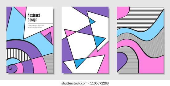 Vector Covers with Abstract Geometric Shapes. Placard Templates Set with Handwritten Wavy Stripes and Triangles in Bauhaus Style. Applicable for Brochure, Poster, Layout. Abstract Geometric Background