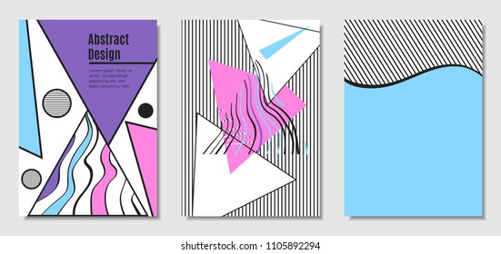 Vector Covers with Abstract Geometric Shapes. Placard Templates Set with Handwritten Wavy Stripes and Triangles in Bauhaus Style. Applicable for Brochure, Poster, Layout. Abstract Geometric Background