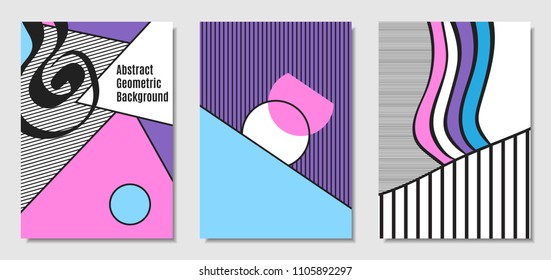 Vector Covers with Abstract Geometric Shapes. Placard Templates Set with Handwritten Wavy Stripes and Triangles in Bauhaus Style. Applicable for Brochure, Poster, Layout. Abstract Geometric Background