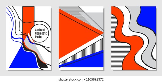 Vector Covers with Abstract Geometric Shapes. Placard Templates Set with Handwritten Wavy Stripes and Triangles in Bauhaus Style. Applicable for Brochure, Poster, Layout. Abstract Geometric Background
