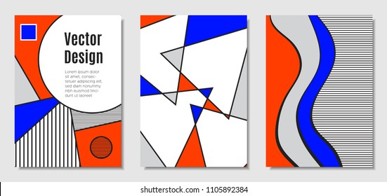 Vector Covers with Abstract Geometric Shapes. Placard Templates Set with Handwritten Wavy Stripes and Triangles in Bauhaus Style. Applicable for Brochure, Poster, Layout. Abstract Geometric Background