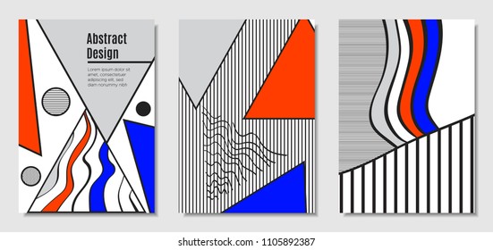 Vector Covers with Abstract Geometric Shapes. Placard Templates Set with Handwritten Wavy Stripes and Triangles in Bauhaus Style. Applicable for Brochure, Poster, Layout. Abstract Geometric Background