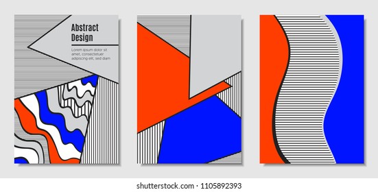 Vector Covers with Abstract Geometric Shapes. Placard Templates Set with Handwritten Wavy Stripes and Triangles in Bauhaus Style. Applicable for Brochure, Poster, Layout. Abstract Geometric Background