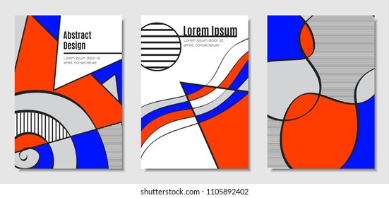 Vector Covers with Abstract Geometric Shapes. Placard Templates Set with Handwritten Wavy Stripes and Triangles in Bauhaus Style. Applicable for Brochure, Poster, Layout. Abstract Geometric Background