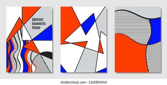 Vector Covers with Abstract Geometric Shapes. Placard Templates Set with Handwritten Wavy Stripes and Triangles in Bauhaus Style. Applicable for Brochure, Poster, Layout. Abstract Geometric Background