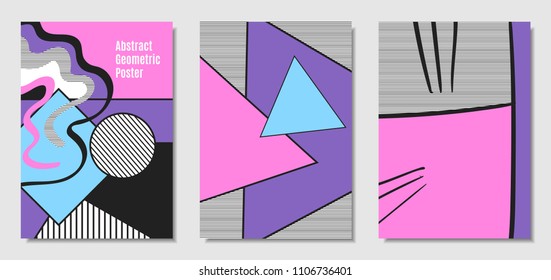 Vector Covers with Abstract Geometric Shapes. Placard Templates Set with Handwritten Wavy Stripes and Triangles in Bauhaus Style. Applicable for Brochure, Poster, Layout. Abstract Geometric Background