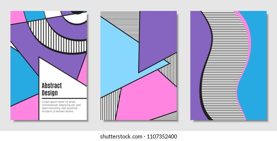 Vector Covers with Abstract Geometric Shapes. Placard Templates Set with Handwritten Wavy Stripes and Triangles in Bauhaus Style. Applicable for Brochure, Poster, Layout. Abstract Geometric Background
