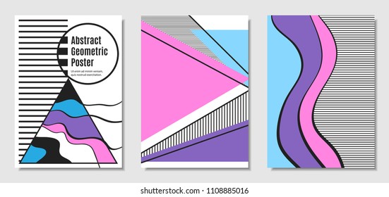 Vector Covers with Abstract Geometric Shapes. Placard Templates Set with Handwritten Wavy Stripes and Triangles in Bauhaus Style. Applicable for Brochure, Poster, Layout. Abstract Geometric Background