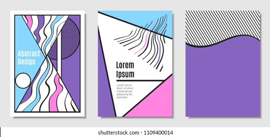 Vector Covers with Abstract Geometric Shapes. Placard Templates Set with Handwritten Wavy Stripes and Triangles in Bauhaus Style. Applicable for Brochure, Poster, Layout. Abstract Geometric Background