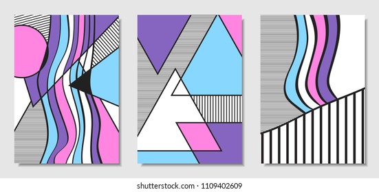 Vector Covers with Abstract Geometric Shapes. Placard Templates Set with Handwritten Wavy Stripes and Triangles in Bauhaus Style. Applicable for Brochure, Poster, Layout. Abstract Geometric Background