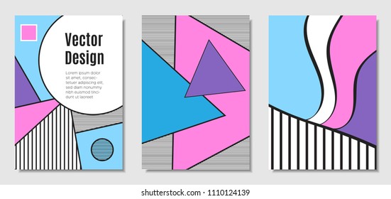 Vector Covers with Abstract Geometric Shapes. Placard Templates Set with Handwritten Wavy Stripes and Triangles in Bauhaus Style. Applicable for Brochure, Poster, Layout. Abstract Geometric Background