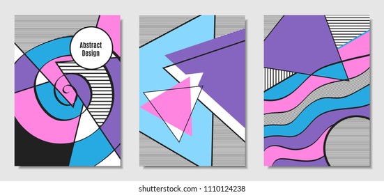Vector Covers with Abstract Geometric Shapes. Placard Templates Set with Handwritten Wavy Stripes and Triangles in Bauhaus Style. Applicable for Brochure, Poster, Layout. Abstract Geometric Background