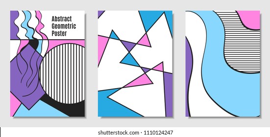 Vector Covers with Abstract Geometric Shapes. Placard Templates Set with Handwritten Wavy Stripes and Triangles in Bauhaus Style. Applicable for Brochure, Poster, Layout. Abstract Geometric Background
