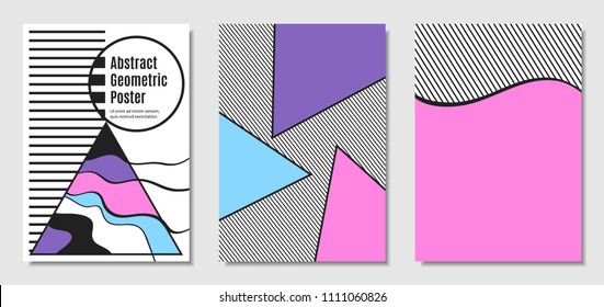 Vector Covers with Abstract Geometric Shapes. Placard Templates Set with Handwritten Wavy Stripes and Triangles in Bauhaus Style. Applicable for Brochure, Poster, Layout. Abstract Geometric Background