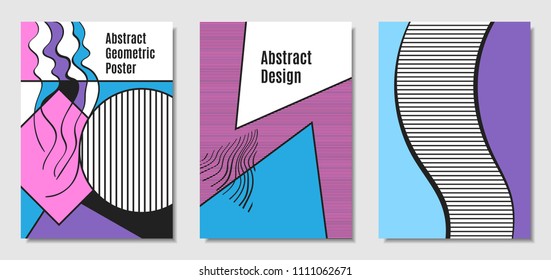 Vector Covers with Abstract Geometric Shapes. Placard Templates Set with Handwritten Wavy Stripes and Triangles in Bauhaus Style. Applicable for Brochure, Poster, Layout. Abstract Geometric Background