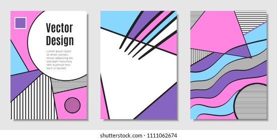 Vector Covers with Abstract Geometric Shapes. Placard Templates Set with Handwritten Wavy Stripes and Triangles in Bauhaus Style. Applicable for Brochure, Poster, Layout. Abstract Geometric Background