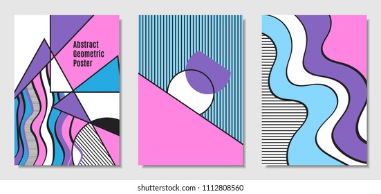 Vector Covers with Abstract Geometric Shapes. Placard Templates Set with Handwritten Wavy Stripes and Triangles in Bauhaus Style. Applicable for Brochure, Poster, Layout. Abstract Geometric Background