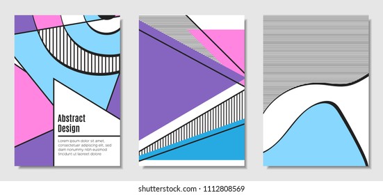 Vector Covers with Abstract Geometric Shapes. Placard Templates Set with Handwritten Wavy Stripes and Triangles in Bauhaus Style. Applicable for Brochure, Poster, Layout. Abstract Geometric Background