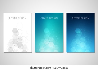 Vector covers or brochure for medicine, science and digital technology. Geometric abstract background with hexagons design. Molecular structure and chemical compounds