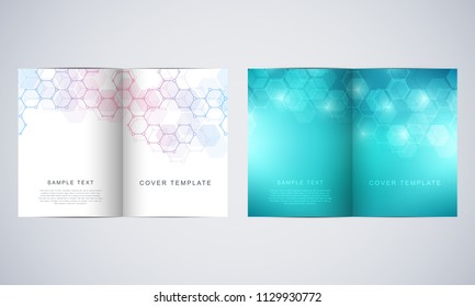 Vector covers or brochure for medicine, science and digital technology. Geometric abstract background with hexagons pattern. Molecular structure and chemical compounds