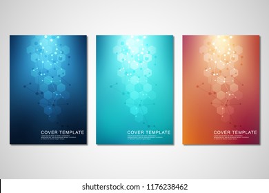 Vector covers or brochure for medicine, science and digital technology. Geometric abstract background with hexagons pattern. Molecular structure and chemical compounds