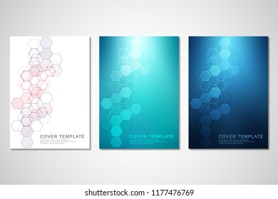 Vector covers or brochure for medicine, science and digital technology. Geometric abstract background with hexagons pattern. Molecular structure and chemical compounds