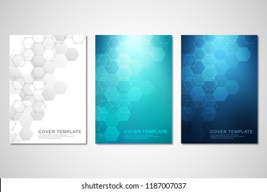 Vector covers or brochure for medicine, science and digital technology. Geometric abstract background with hexagons pattern. Molecular structure and chemical compounds