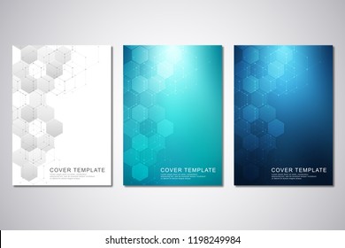 Vector covers or brochure for medicine, science and digital technology. Geometric abstract background with hexagons pattern. Molecular structure and chemical compounds