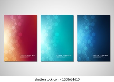 Vector covers or brochure for medicine, science and digital technology. Geometric abstract background with hexagons pattern. Molecular structure and chemical compounds