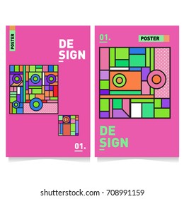 Vector covers design set with retro style. Cool geometric memphis style poster template. Summer and autumn design template.