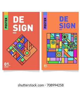 Vector covers design set with retro style. Cool geometric memphis style poster template. Summer and autumn design template.