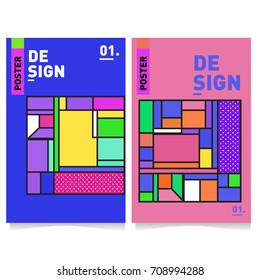 Vector covers design set with retro style. Cool geometric memphis style poster template. Summer and autumn design template.