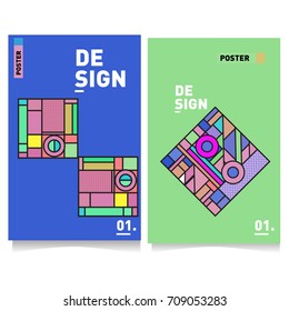 Vector covers design set with retro style. Cool geometric memphis style poster template. Summer and autumn design template.