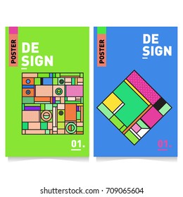Vector covers design set with retro style. Cool geometric memphis style poster template. Summer and autumn design template.