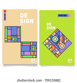 Vector covers design set with retro style. Cool geometric memphis style poster template. Summer and autumn design template.