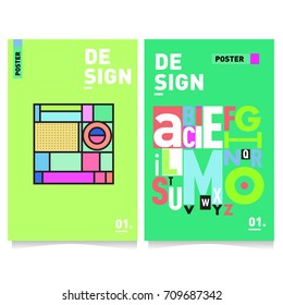 Vector covers design set with retro style. Cool geometric memphis style poster template with alphabets. Summer and autumn design template.