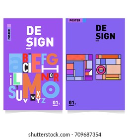 Vector covers design set with retro style. Cool geometric memphis style poster template with alphabets. Summer and autumn design template.