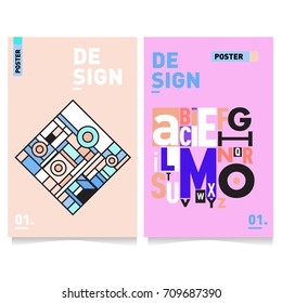 Vector covers design set with retro style. Cool geometric memphis style poster template with alphabets. Summer and autumn design template.
