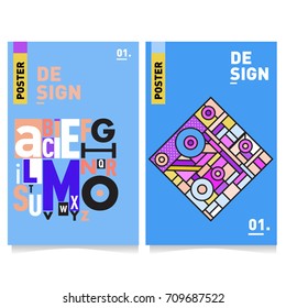 Vector covers design set with retro style. Cool geometric memphis style poster template with alphabets. Summer and autumn design template.